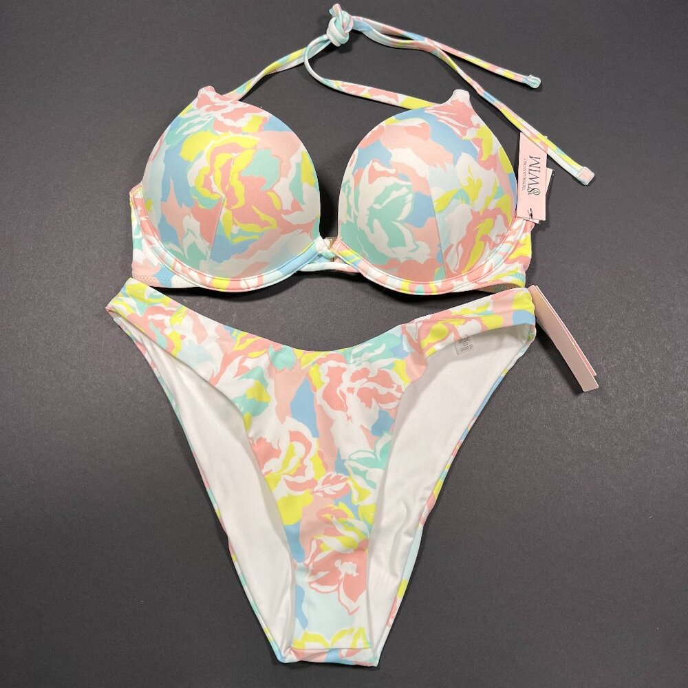 Victoria Secret 32C S Bombshell Push Up Bikini Brazilian Set Blue Pink Pastel